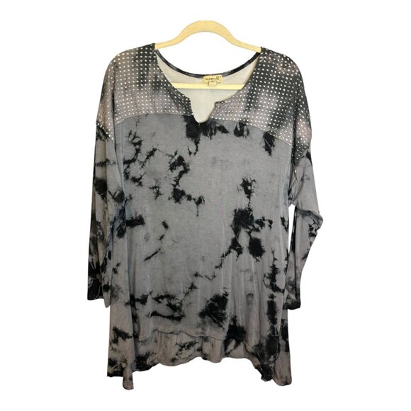 One World Blouse Women's Size 1X Tie Dye Abstract Goth Tunic Black Gray‎ - Picture 1 of 4